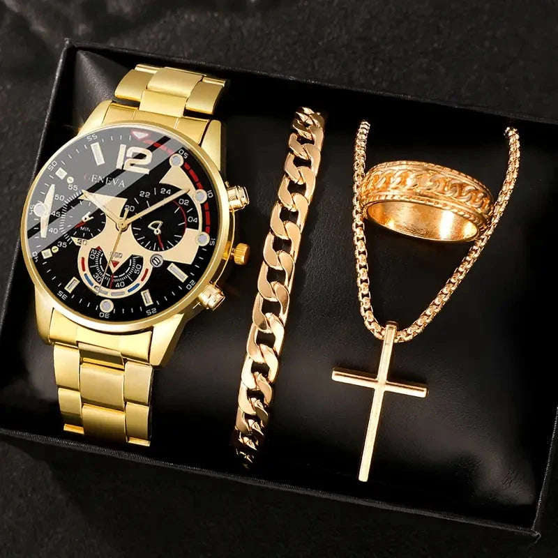 Kit Relógio com Pulseira, Anel e Colar