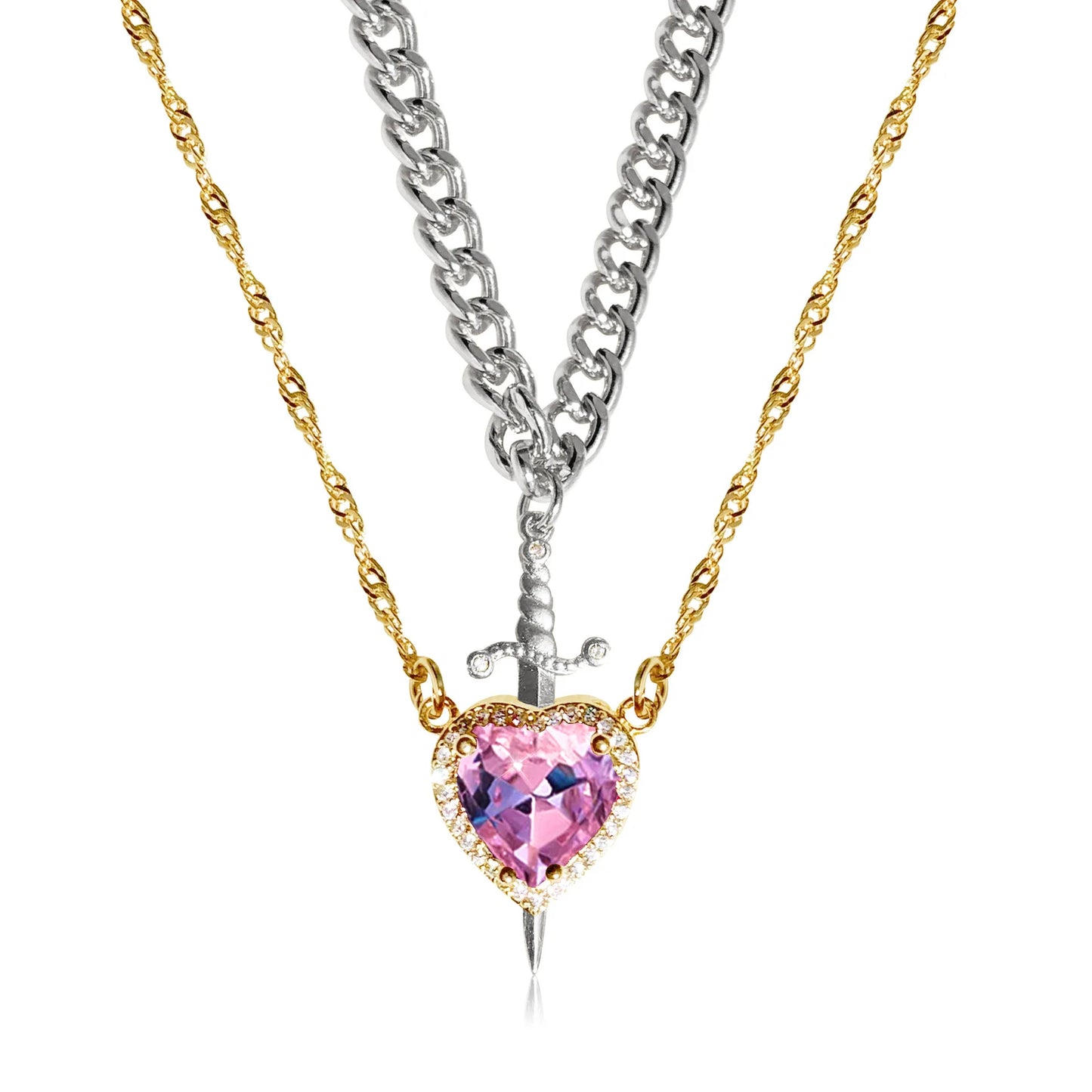 Colar de Pescoço Feminino com Coração e Espada