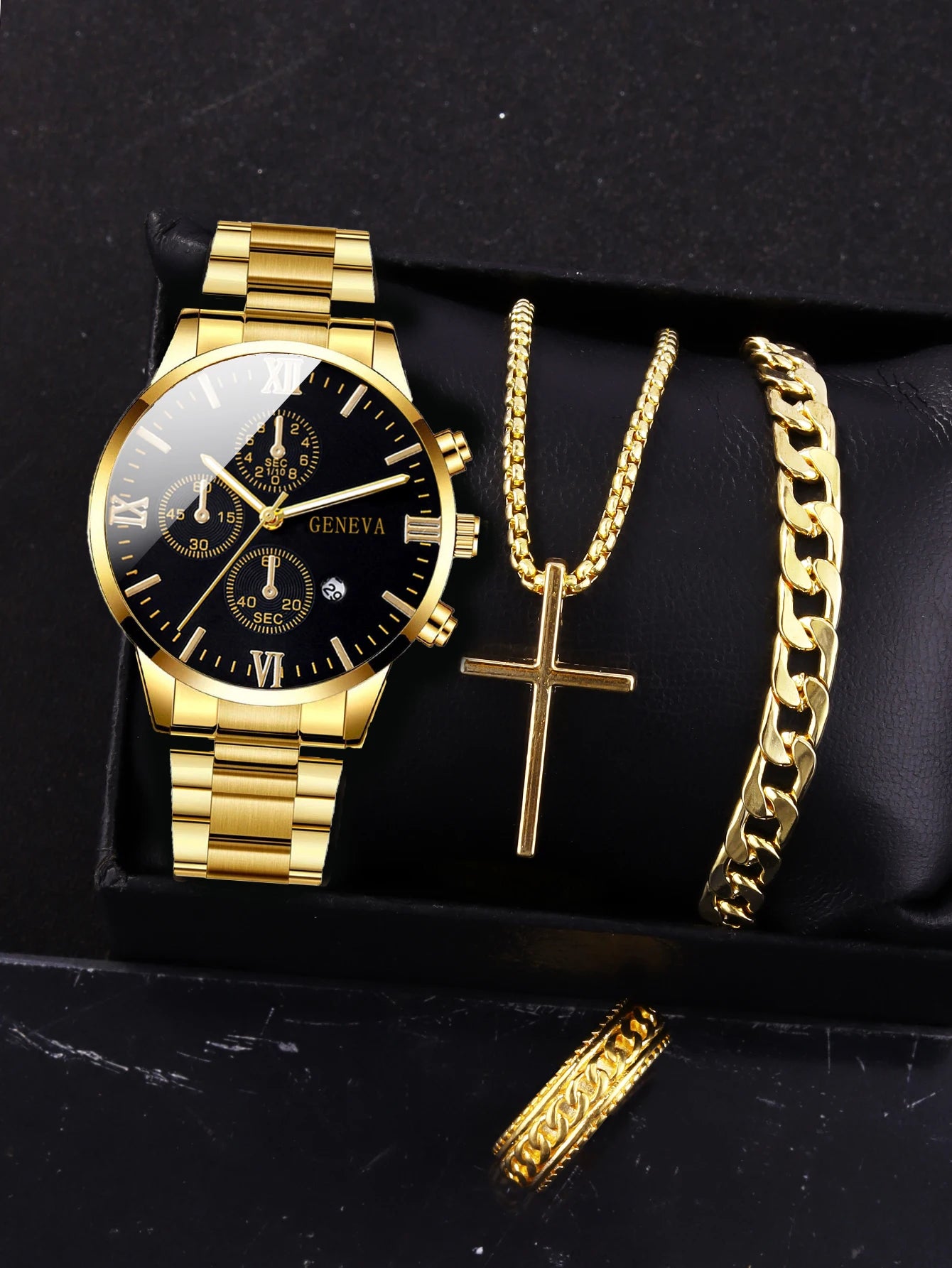 Kit Relógio com Pulseira, Anel e Colar