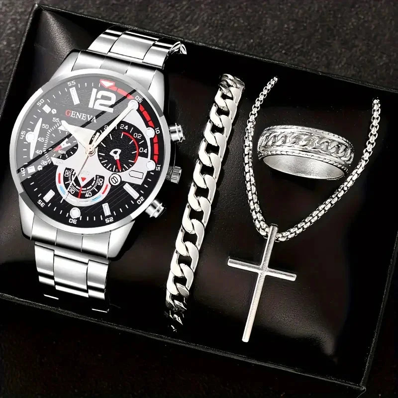 Kit Relógio com Pulseira, Anel e Colar