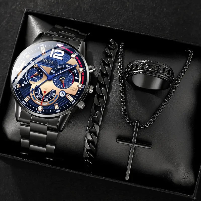 Kit Relógio com Pulseira, Anel e Colar